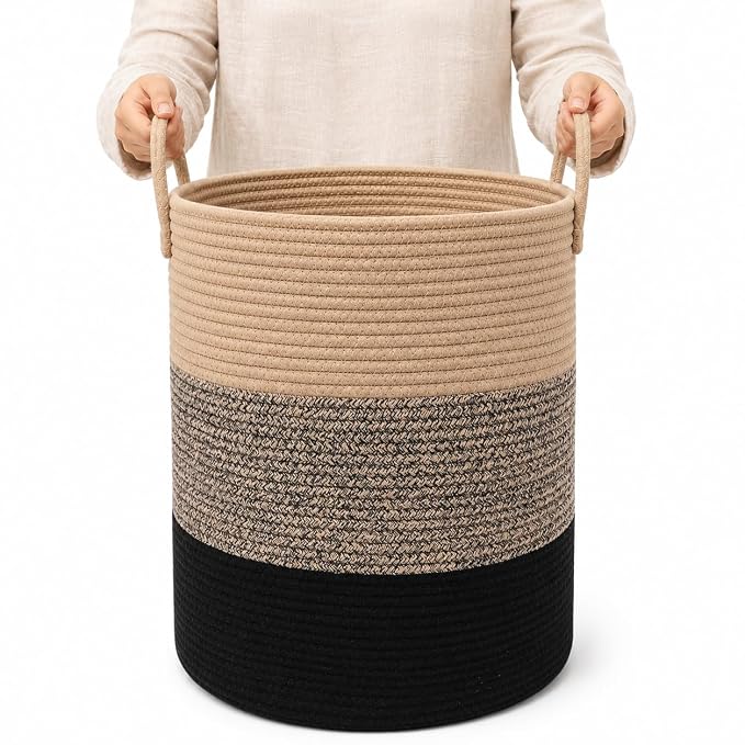 OrganiHaus Tall Cotton Rope Laundry Basket & Hamper, Blanket Storage 52L | 3-Toned Brown - Tall Cotton Rope Hamper, 52L