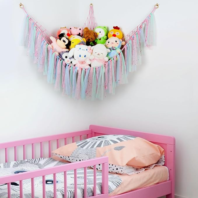 Stuffed Animal Hammock with LED Lights - 59 Inch Large Toy Storage Net for Kids Bedroom, Wall-Mounted Plush Organizer with Wooden Rings, Nursery Decor (Handwoven, Pink)