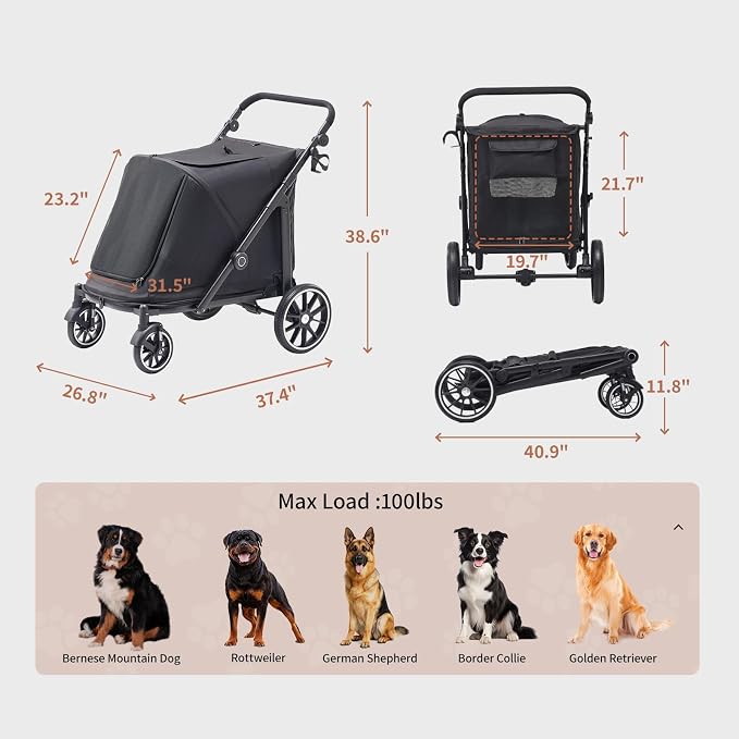 Dog Stroller for Large Dogs, 100 Lbs Capacity Heavy Duty Extra Large Pet Stroller for Medium Dogs, All Terrain Dog Wagon Cart with 12" PU Wheels, Shock Absorption, Adjustable Handle, Black