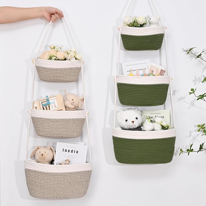 Hanging Basket, 3-Tier Woven Wall Basket with 4 Hooks, Cotton Rope Storage Baskets, Over the Door Organizer for Nursery, Bedroom, Cottage and Boho Wall Decor