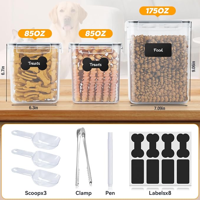 qeerable Airtight Dog Treat Container Set - Shatterproof Plastic Pet Treat Container with Scoops, Tongs & Labels - 3 Pack Clear Dog Cookie Jar for Kitchen Counter Organization & Freshness