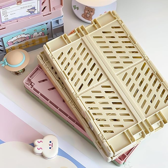 Tobeso-Nuoze Small Pastel Plastic Storage Bins 2Pcs Foldable Pastel Crates | Basket Colorful Storage Containers Baskets for Classroom Kitchen Office Bedroom Desktop Home Decor (White 9.8" x 6.5" x 3.8")
