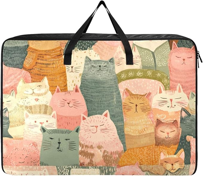 Comforter Storage Bags Large Folding Blanket Organizer Bag with Strong Handles Clear Window Closet Storage Containers for Clothes King Queen Pillows Bedding Quilt Duvet Orange Pink Cat