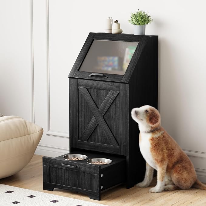 Pet Feeding Station with Storage Cabinet & 2 Elevated Bowls,Hooks,Black | Flip-top Sealed Food Bin.Pull-out Bowl Drawer with Wheels.3 Side Hooks+Internal Shelf for Cans.Anti-tip Device.For Dogs/Cats.