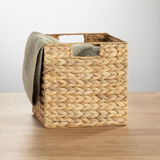 mDesign Natural Woven Hyacinth Cube Organizer Basket with Handles, Storage for Bathroom, Laundry Room Shelf or Nursery - Perfect for Cubby Storage Units - Hold Blankets and Books - 4 Pack, Natural/Tan