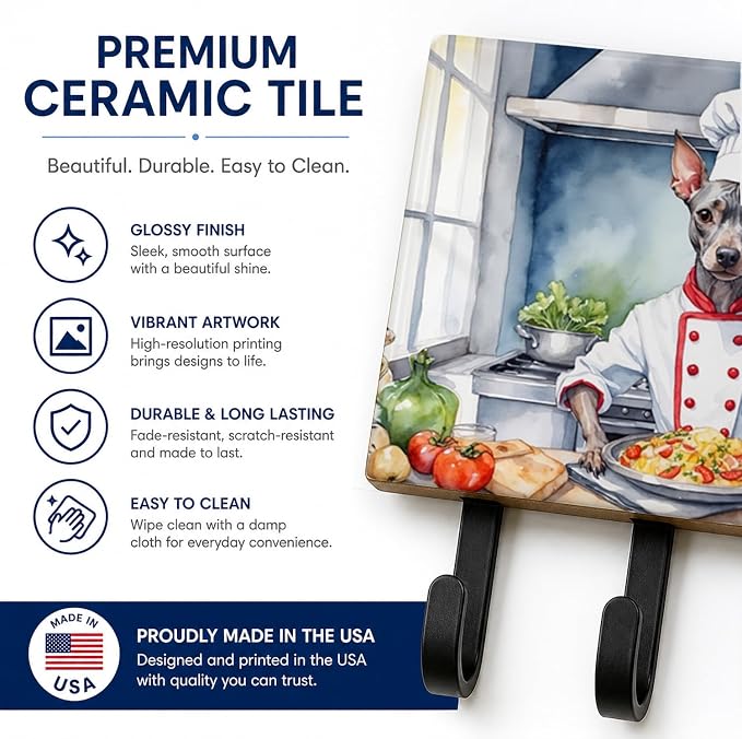 Caroline's Treasures American Hairless Terrier The Chef Leash or Key Holder Wall Hooks, Key Hooks Holder, Coat Rack Wall Mount, Coat Hooks, Hooks for Hanging Keys, Towels, Aprons, Leashes | American Hairless Terrier The Chef artwork on ceramic tile wit...