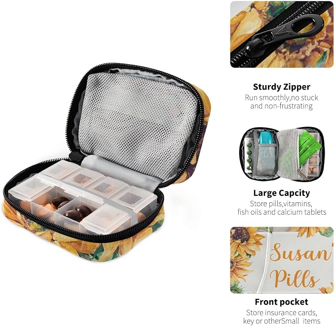 Custom Pill Box 7 Day Pill Case Bag Sunflower Personalized Name Travel Pill Organizer Bag with Zipper Portable Weekly Case Compact Size for Vitamin Supplement Holder
