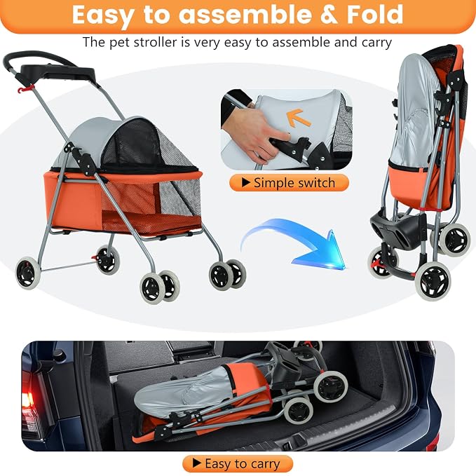 BestPet Foldable Pet Stroller for Small/Medium Dogs and Cats Up to 33 lbs | 4-Wheel Stroller Pet Strolling Cart w/ Breathable Mesh, Lockable Rear Wheels, Cup Holder/Tray & Storage Box, Orange