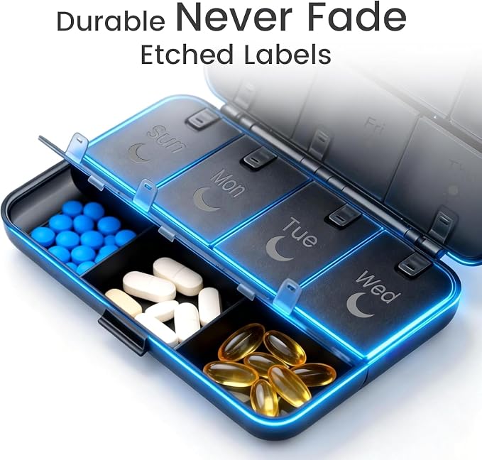 Foldable Weekly Pill Organizer 2 Times A Day, [2026 Version] Large 7 Day Medicine Pill Organizers w/Permanent Etched Labels, Travel AM PM Pills Box Case (Black)