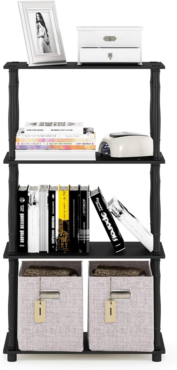 Furinno TURN-N-TUBE Storage Shelves, 4-Tier Book Shelf, Corner Shelf, Toolless Open Shelves, Classic Tubes, for Organization and Storage, Living Room, Home Office, Americano