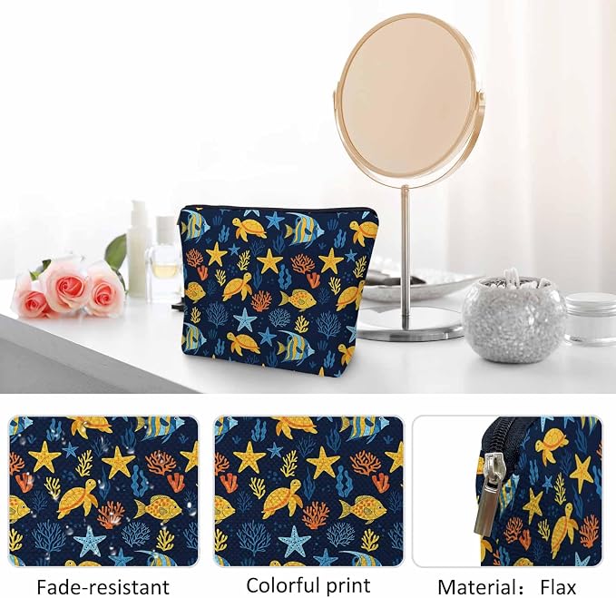 Sea Animal Makeup Bags Makeup Organizer, Ocean Sea Turtle Starfish Seaweed Flax Toiletry Bags Travel Cosmetic Bag Makeup Purse Pouch Skincare Bag Wallet Bags For Women Female Mom Daughter