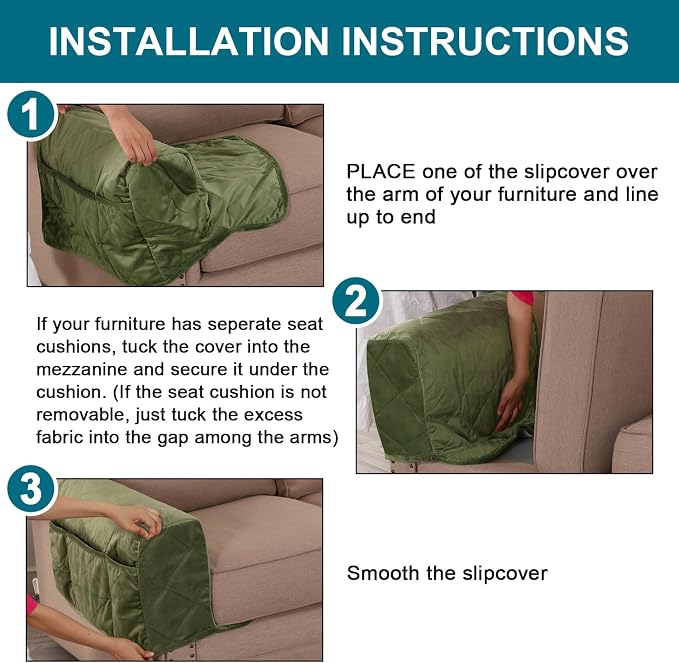 Velvet Quilted Armrest Covers - Water-Resistant Sofa Arm Protectors Set of 2 with Side Pocket Organizer, Non-Slip Furniture Covers for Chairs & Couches (Loden)