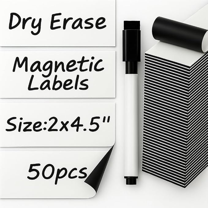 X-bet MAGNET Dry Erase Magnetic Labels, 2x4.5 (5x11cm), 50 pcs, White | Reusable Write-On Magnet Stickers for Fridge, Whiteboard & Classroom, Erasable Blank Labels & Sticky Notes