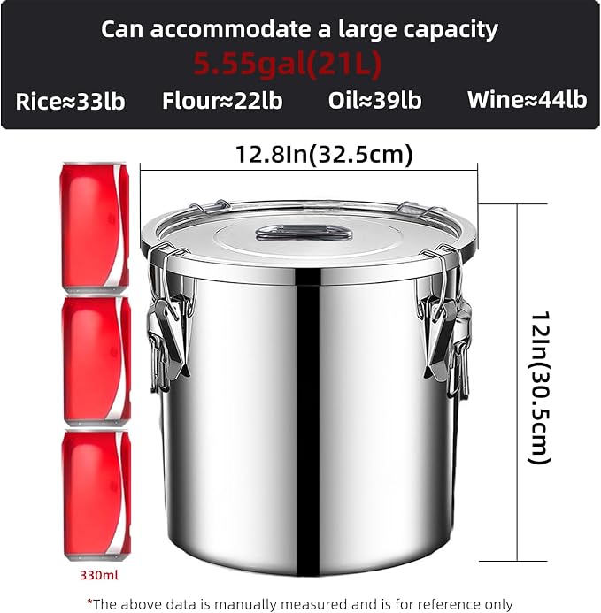 304 stainless steel food storage containers with lids lock clips airtight container large airtight for rice flour sugar grain coffee bean storage containers Kitchen jar (5.55gal/21L)