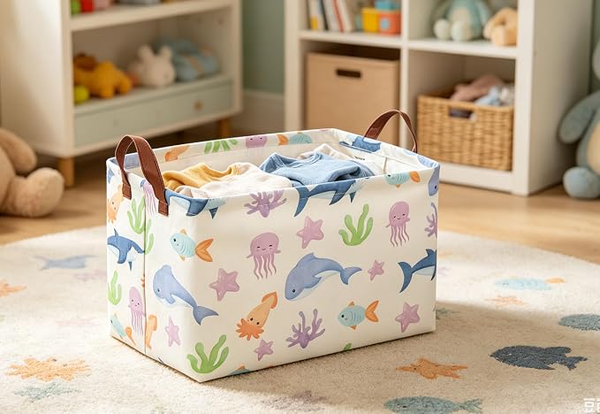 Essme Rectangular Basket, Storage Basket with Handles for Room Decor,Ocean Storage Bin（Ocean）