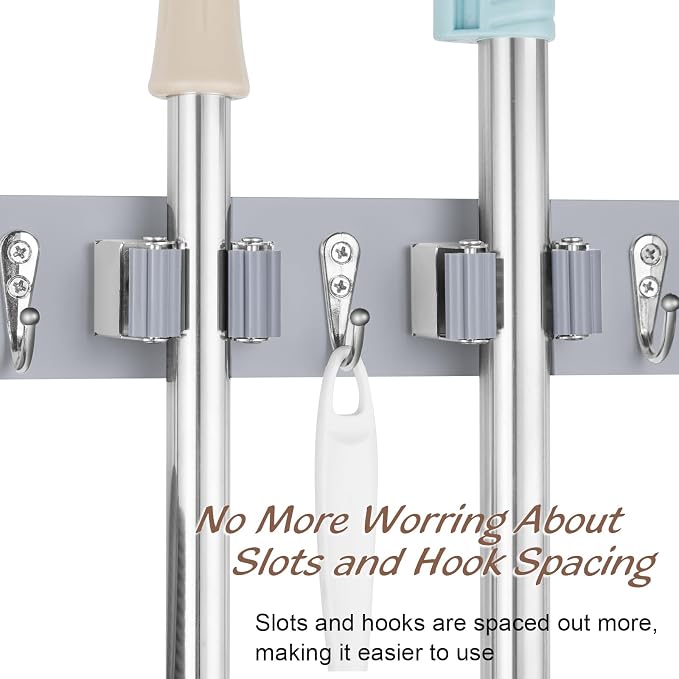 OUTNILI Gray Mop Broom Holder Wall Mount with 4 Slots & 4 Hooks - Wood Broom Mop Hanger for Pantry Closet Laundry Room Organization - Heavy Duty Garden Tool Organizer