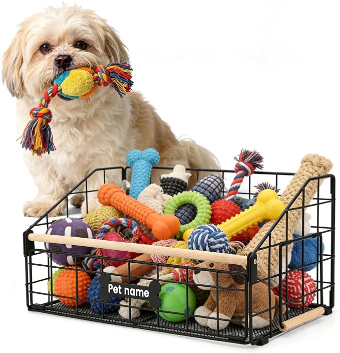 16.5" Metal Dog Toy Basket With Wooden Handle for Living Room Area | Trapezoid Storage Bin for Puppy Chew Toys, Indestructible Organizers and Storage for Pet Supplies, Clothes