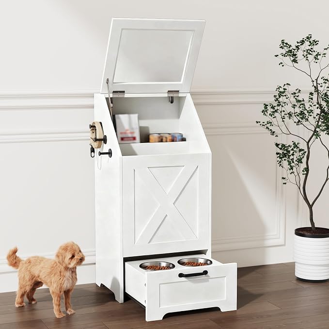 Dog Feeding Station with Storage Cabinet and 2 Elevated Dog Bowls, Hidden Pet Food Storage Organizer for Dog &Cat,Modern Dogs Furniture (White)
