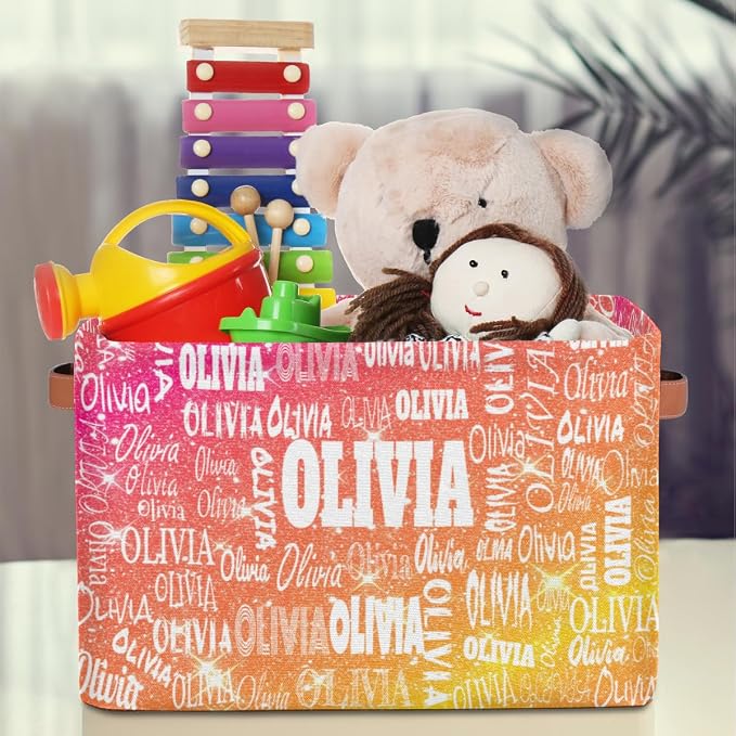 Personalized Storage Basket with Name Shiny Glitter Starry Red Orange | Organizing Boys Girls Pets Toys Closet Shelf Clothes Books