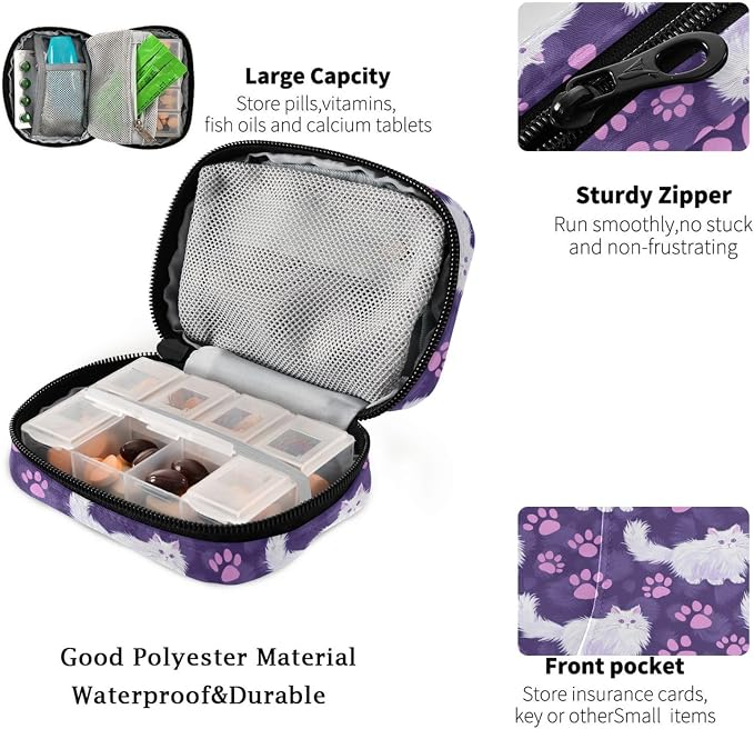 Fustylead Cute Angora Cat and Purple Paw Prints on Purple Background Travel Pill Organizer Case Zipper for Purse with Removable Weekly Pill Box for Medicine, Vitamin, Supplement Medicine Organizer
