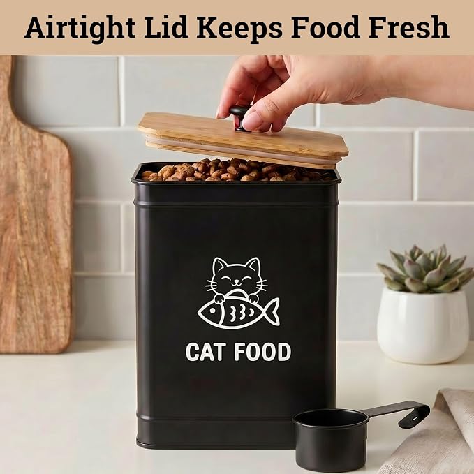 Metal Cat Food Container with Scoop 5-7 lb (25 Cup), w/ Airtight Bamboo Lid | Cat Kibble Canister with Metal Scoop, 25 Cups, Chew Proof Iron Body, Powder Coated, Airtight Bamboo Lid, Sturdy Metal Handle