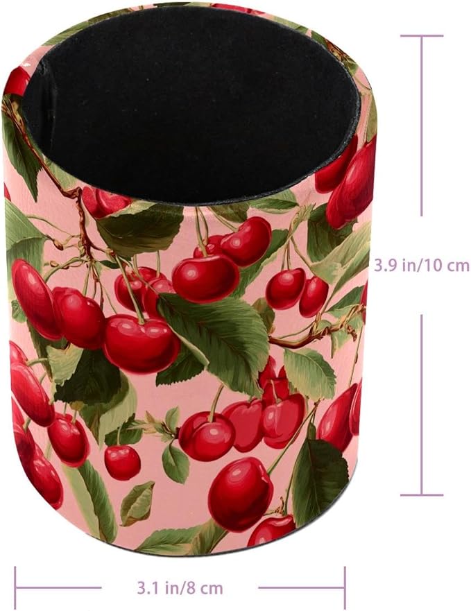 Faux Leather Pen Holder for Desk, Pencil Organizer Cherry Pen Cup Desk Decor Makeup Brush Holder Storage for Office Home