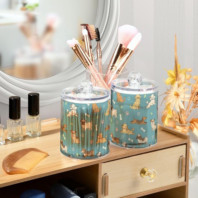 2 Pack Plastic Cotton Swab Ball Pad Holder Pets Blue Dogs Print Jars Bathroom Storage Organizer Bathroom Jars with Lid for Cotton Ball Swab Cotton Rounds Hair Clips