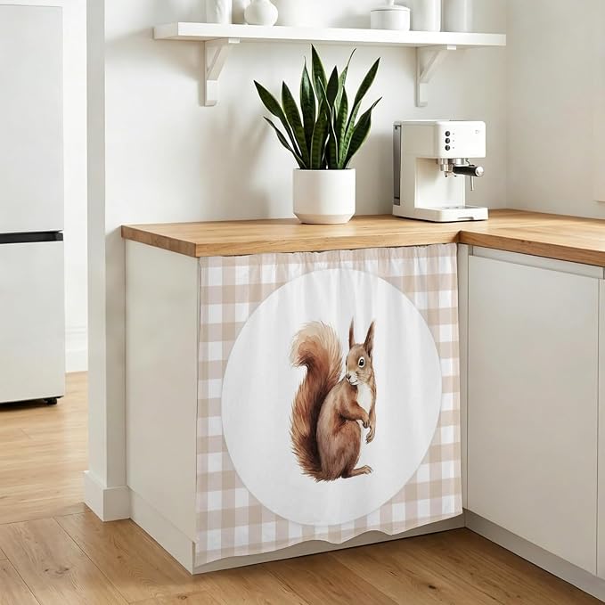 Squirrel Plaid Cabinet Dishwasher Hidden Curtains, Privacy Closet Door Curtain, Modern Farmhouse Checkered Rustic Animal Adhesive Dust Proof Under Sink Skirt for Bathroom Kitchen 35"x35"