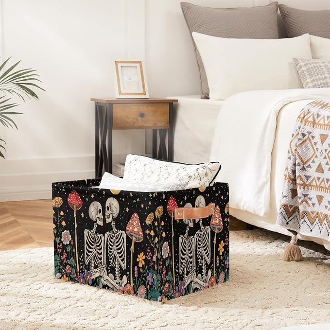 Pardick Storage Baskets Bin, Boho Skull Mushroom Collapsible Canvas Fabric Storage Bin Decorative Baskets Toy Organizer Rectangle Storage Boxes with Handles for Home Shelves Nursery,1Pack,A-1872