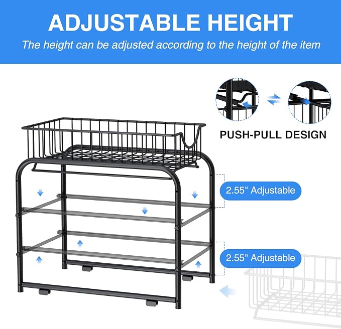 2-Tier Pull Out Organizer Under Sink Sliding Cabinet Rack,Black | Stackable Sliding Storage Drawer organizer with adjustable height and anti slip pad. Kitchen,Office or Cabinet Storage