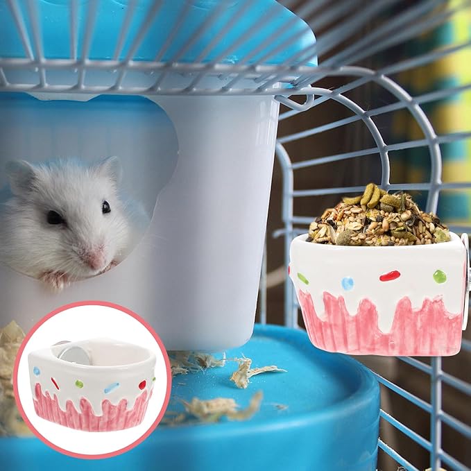 Hamster Wall Mounted Ceramic Feeding Bowl for Food and Water | Pink Feeder Bowl, Washable Design, Helps Reduce Spills, Suitable for PET Feeding by Owners