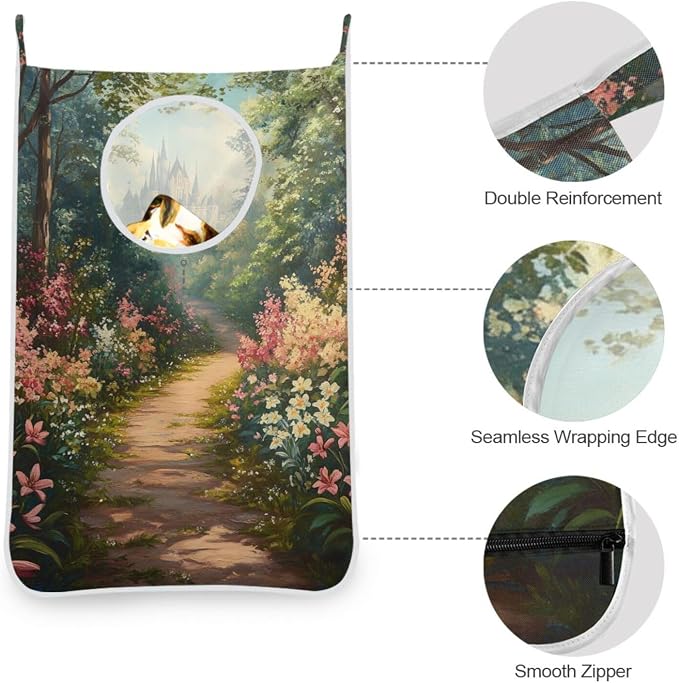 1PC Hanging Laundry Hamper Bag Over the Door Laundry Hamper Wall Hamper Large Dirty Clothes Hamper with Stainless Steel Hooks 29.5x20Inch Lily Flowers Bush and Forest Castle