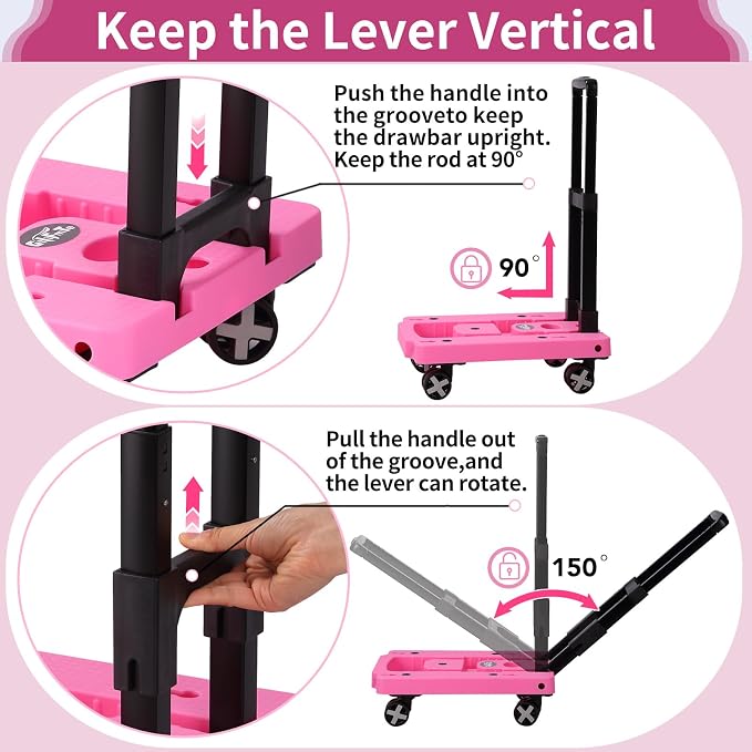 GtIiFmTe Foldable Hand Truck, Lightweight Luggage Cart for Airport Car Seat | Compact Folding dolly with Rotating swivel wheel,storage size12×15.7×4.1",300lbs Load,Upright Lock Handle with 3bungee cords
