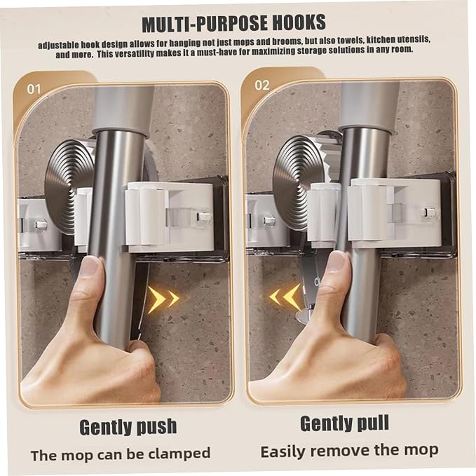 2PCS Suction Cup Broom Holder Wall Mount, No Drill Mop and Broom Organizer with Retractable Towel Rack, Transparent Bathroom Storage, Grey Holder and Mop Wall Mount Hanger Organizer Hanging