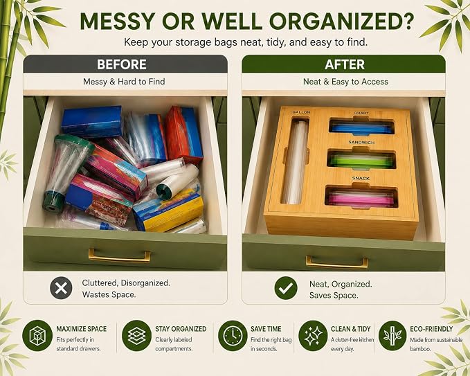 Bamboo Storage Bag Organizer for Drawer | 4-in-1 Baggie Organizer, Kitchen Drawer, Wall Mount & Countertop, Gallon, Quart, Sandwich & Snack, Engraved Labels