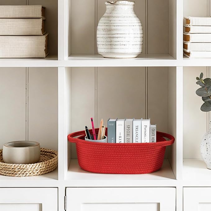 Small Red Woven Basket, 13"x 9"x 5" Gift Basket Empty Christmas Valentine' Day, Cotton Rope Kid Pet Toy Bin Box, Cute Baby Nursery Easter Organizer, Decorative Wicker Storage, Red Room Decor