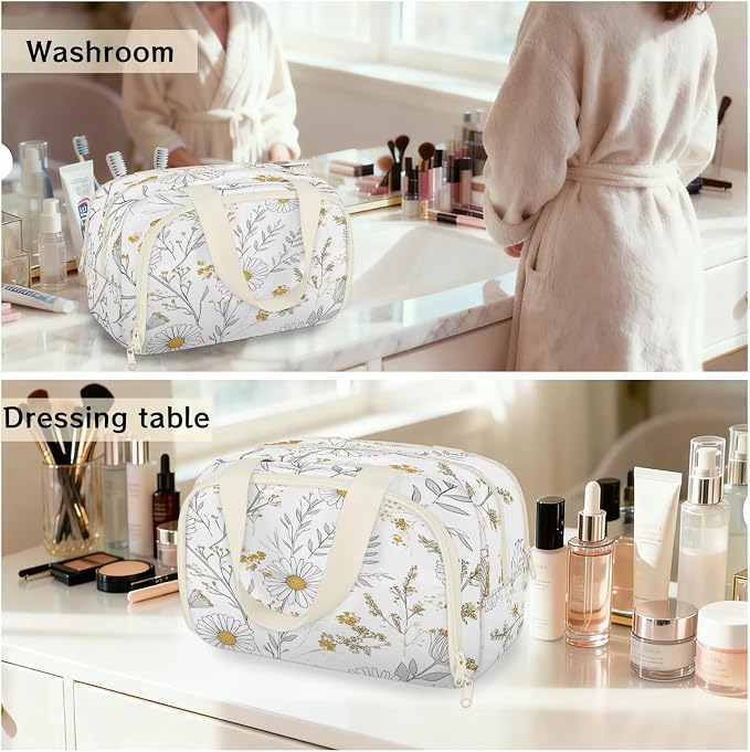 White Daisy Flower Travel Toiletry Bag for Women | Farmhouse Vintage Lightweight Waterproof Makeup Cosmetic Bag Large Tote Organizer for Traveling, Toiletries, Accessories