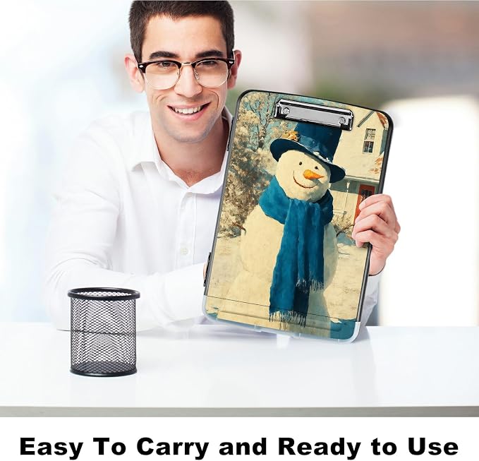 A4 Clipboard with Storage Pen Holder, Clipboards Organizer Nursing Clipboard Foldable File Folder Plastic Clipboard Folio Clip Board for Office Work Classroom Doctor, Blue Towel Snowman