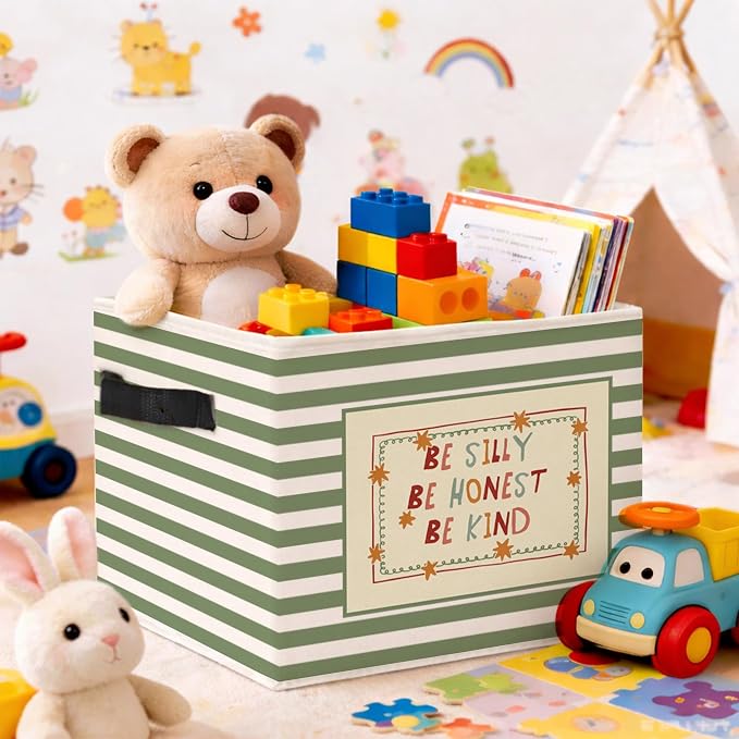 Kindness Storage Bin, Green Stripe Foldable Fabric Basket | Be Silly Be Honest Be Kind fabric organizer for nursery, bedroom, playroom, toys, books, and clothes