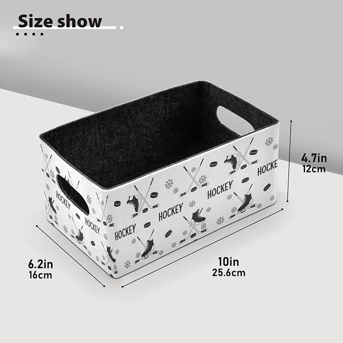 Emelivor Ice Hockey Black Storage Basket Bins Set (2pcs) Felt Foldable Storage Bins with Fabric Rectangle Basket for Organizing for Organizer, Closet, Shelves, Office
