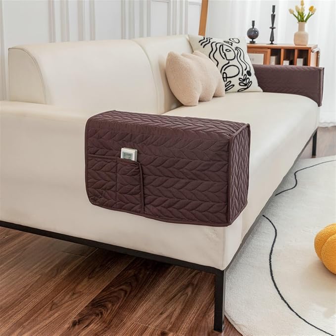 Modern Couch Arm Covers Universal Arm Rest Covers for Sofa Thickened Arm Chair Covers Set of 2 with Pockets Waterproof and Ant-Slip Armrest Organizer(Brown A)
