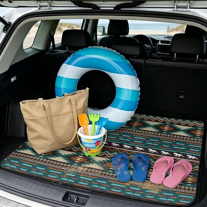 Howilath Car Trunk Mat All Weather Cargo Liner Non-Slip Green Southwestern Aztec Horse Rear Trunk Protection Vehicle Interior Accessories for Sedan & Truck