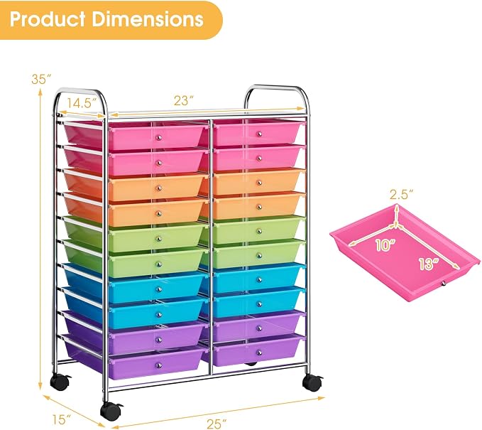 20 Drawer Rolling Storage Cart, Art Cart Organizer with Wheels for Makeup, Tool, Paper, Multipurpose Craft Storage Cart with Drawers for Office, Home, Classroom, Teacher, School (Rainbow)
