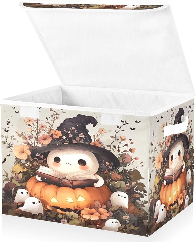 Ghost Wearing Witch Hat Storage Bins with Lids and Carrying Handle,Foldable Storage Boxes Organizer Containers Baskets Cube with Cover for Home Bedroom Closet Office