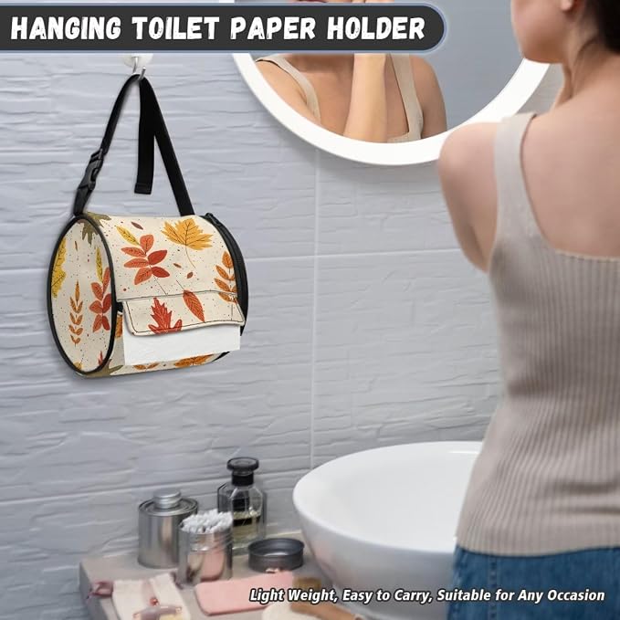 Hanging Paper Tower Holder Wall Mounted Cylinder Toilet Paper Roll Storage Holder with Adjustable Strap Easy to Install 6.3 * 6.3 * 6.3 Inch,Falling Leaves