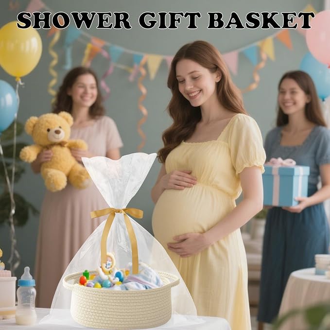 Cream Woven Rope Basket,Baby Gift Basket with Bag & Ribbon | Cotton rope with handle, 12x8x5 in, gift bag and ribbon, for baby shower, birthday, toy storage, nursery, shelf decor