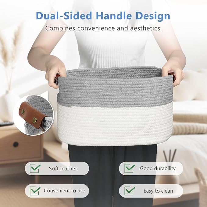 ECDYQXVU 15x10x9 Woven Cotton Rope Storage Basket, Leather Handles 1 Pack | Foldable Design, Sturdy PU Handles, Easy to Clean Organizer for Living Room, Closet, Shelves, Bedroom, Laundry, Clothes
