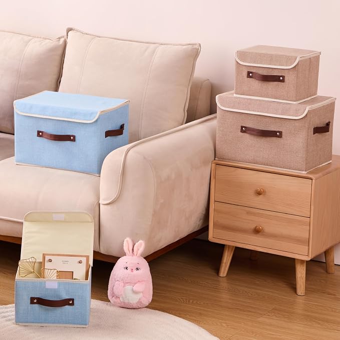 2PCS Storage Boxes with Lids Cotton Linen Fabric Bins Baskets | Decorative Collapsible Washable, Clothes Container Organizer for Closet Shelf, w/ Faux Leather Handles, Linen Color, Small