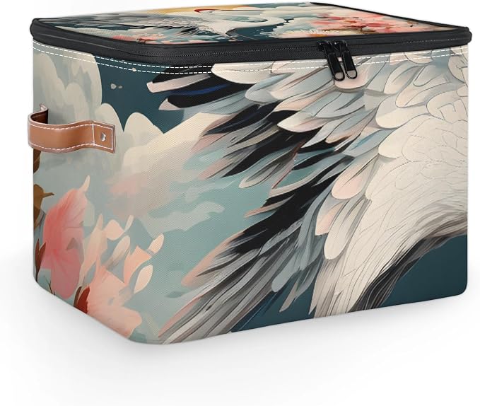 Vintage Japanese Crane Foldable Storage Bin with Lid Zipper | Closet Shelf Organizer, Boxes, Basket Containers for Home, Lidded Storage Cube for Bedroom, Waterproof, with Handles