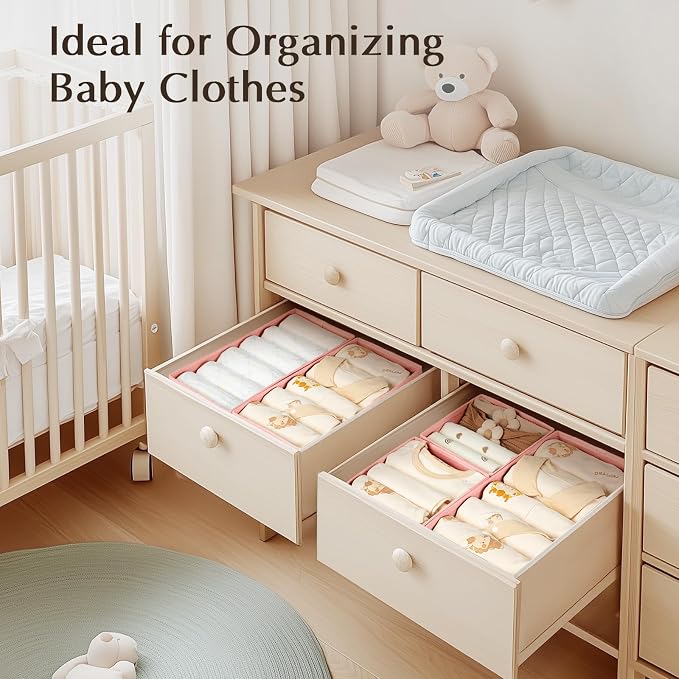 DIMJ Drawer Organiser System, Drawer Organiser, Foldable Storage Box, Fabric, Drawer Inserts for Wardrobes, Wardrobe Organiser for Trousers, Clothes, Set of 4, Pink